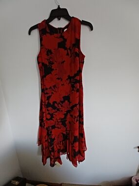 Calvin Klein Red and Black Floral High-Low Dress